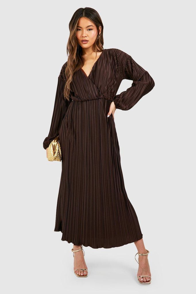Womens Wide Plisse Wrap Midaxi Dress - Brown - 14, Brown