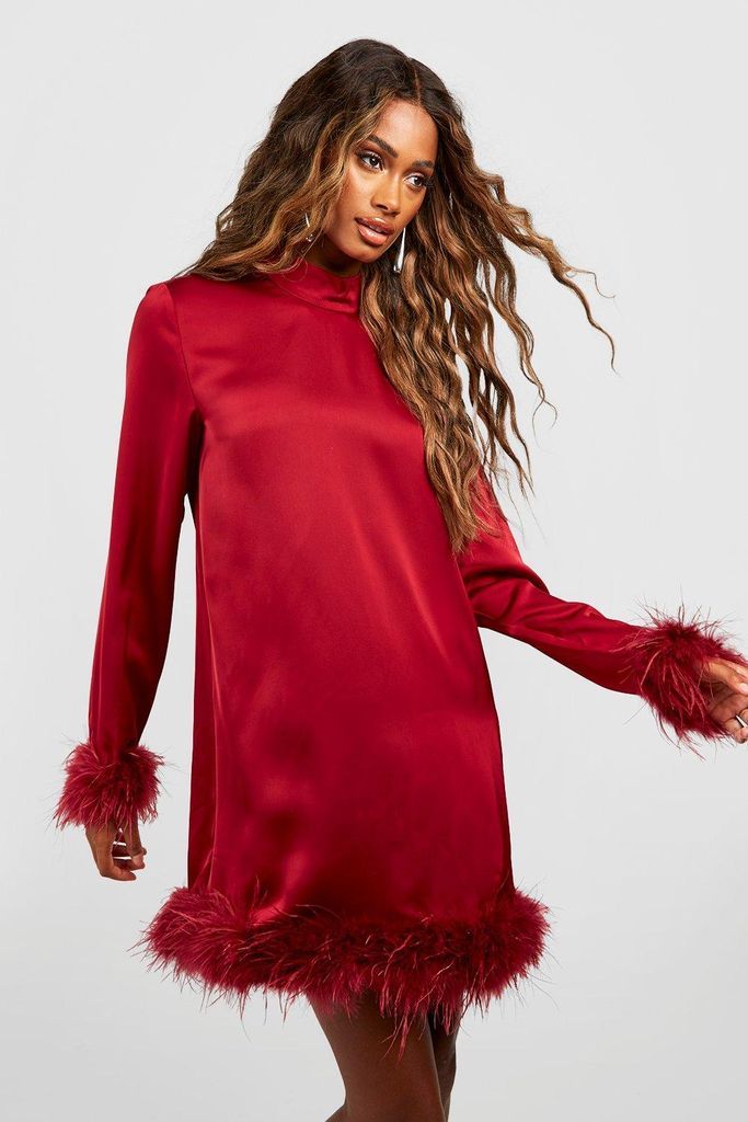 Womens High Neck Feather Mini Party Dress - Red - 8, Red