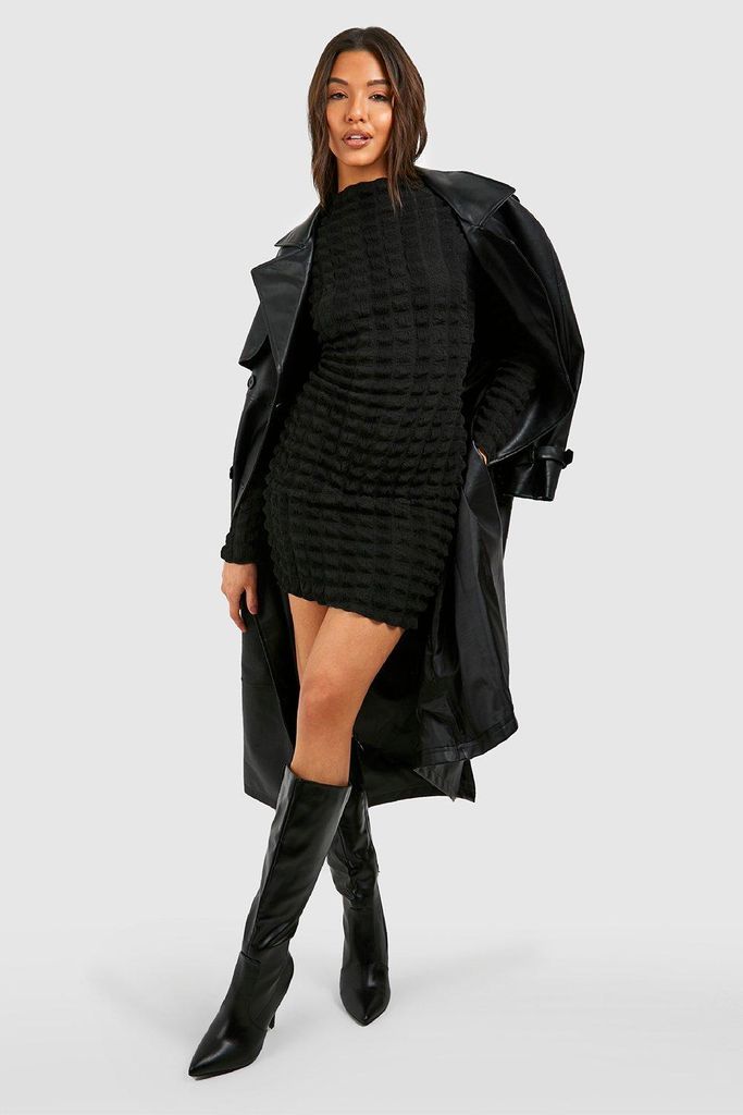 Womens Bubble Textured Roll Neck Open Back Mini Dress - Black - 10, Black