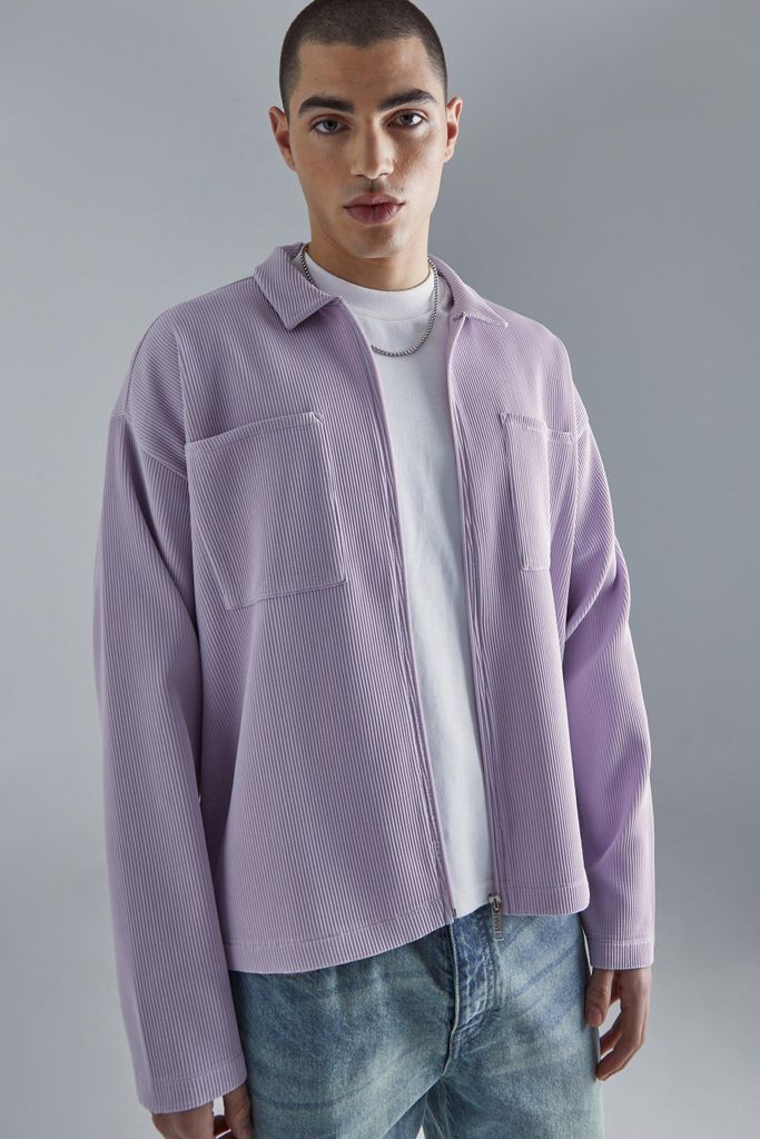 Men's Pleated Boxy Zip Through Collared Shirt - Purple - S, Purple