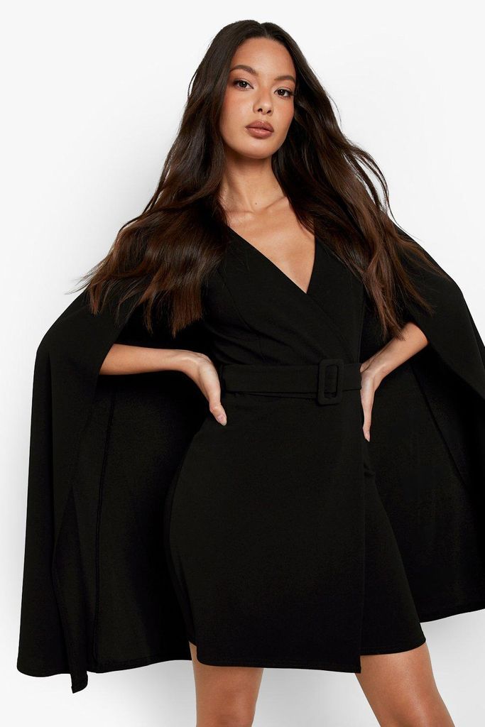 Womens Plunge Cape Detail Belted Blazer Dress - Black - 10, Black