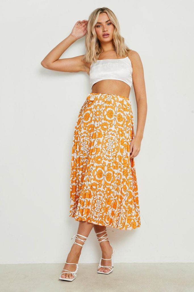 Womens Porcelain Print Satin Pleated Midi Skirt - Orange - S, Orange