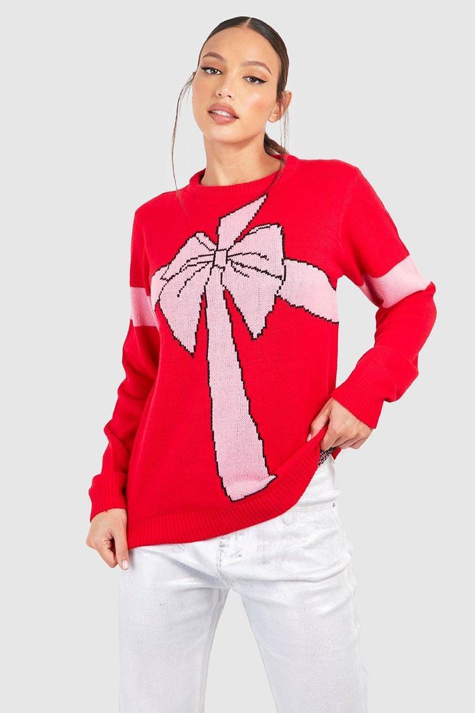 Womens Tall Ribbon Christmas Jumper - Red - M, Red