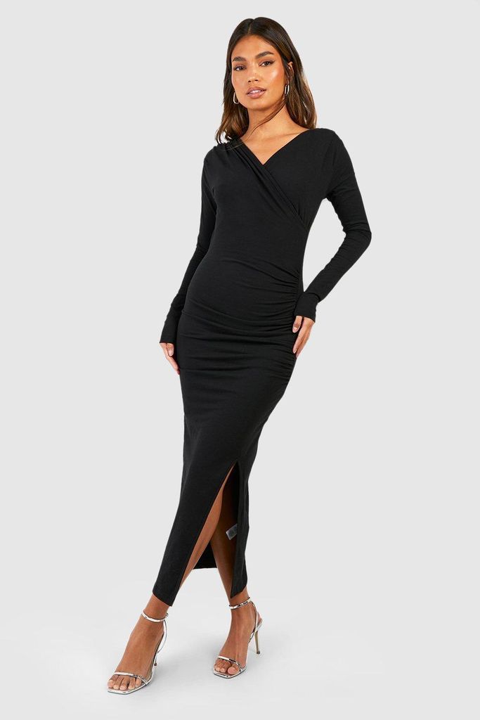 Womens Cotton Asymmetric Rouched Midi Dress - Black - 10, Black