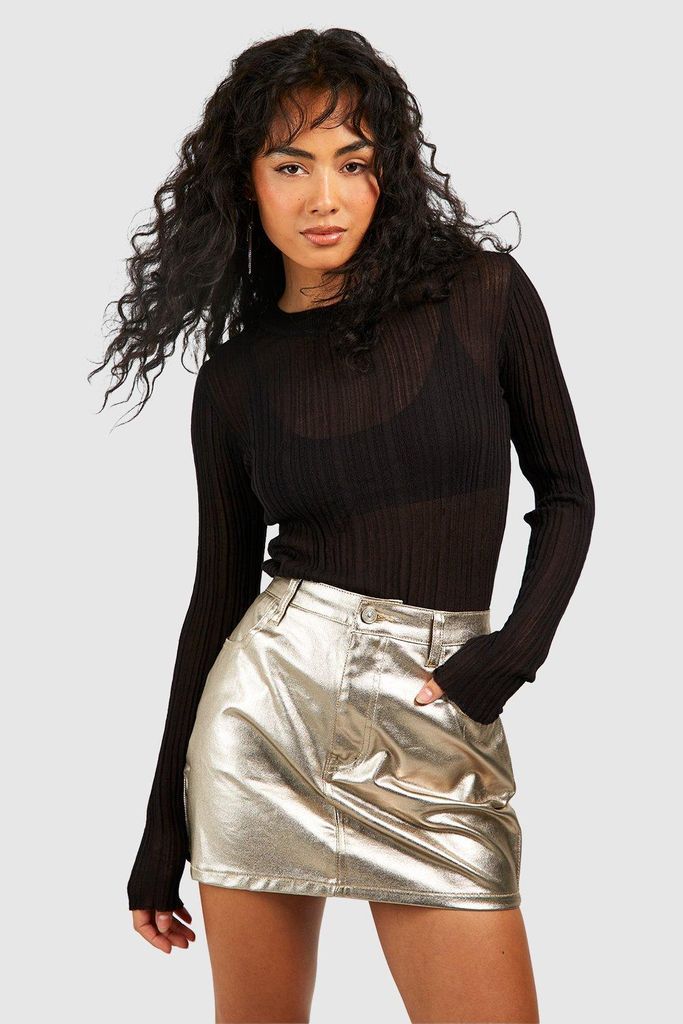Womens Pu Coated Metallic Denim Mini Skirt - Gold - 6, Gold