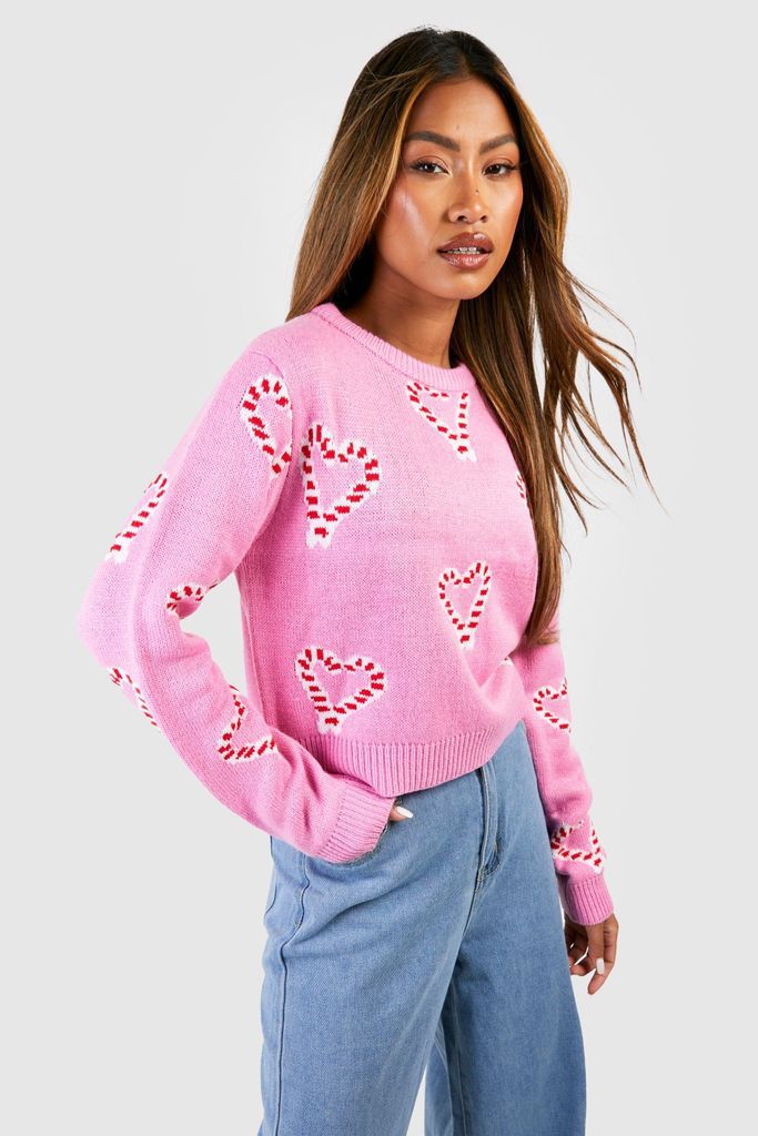 Womens Heart Candy Cane Crop Christmas Jumper - Pink - S, Pink