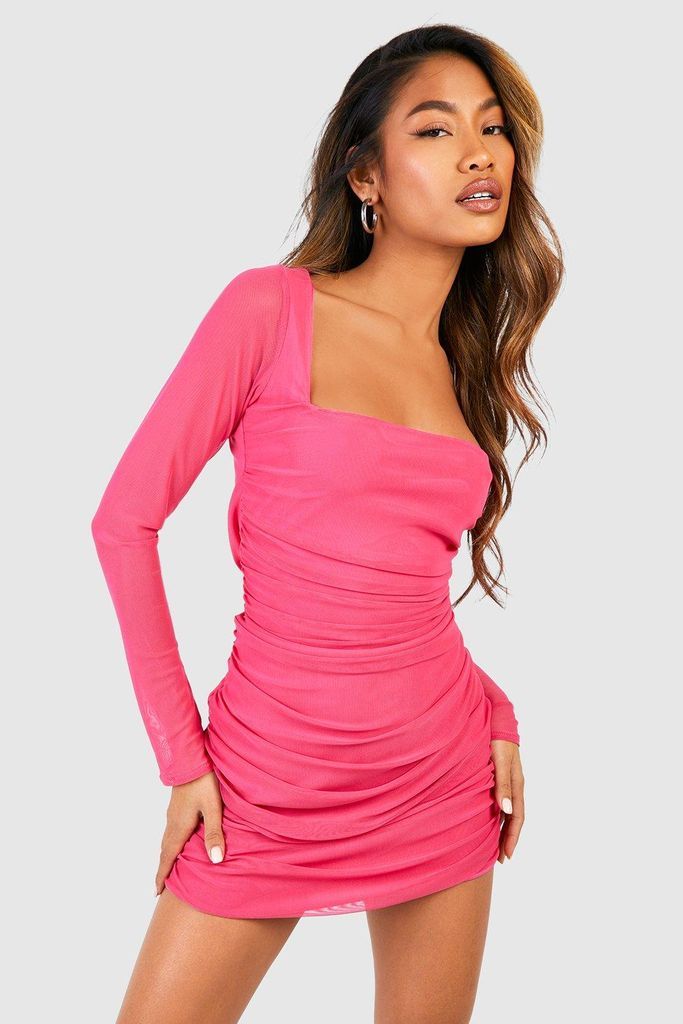 Womens Square Neck Ruched Mesh Bodycon Dress - Pink - 14, Pink