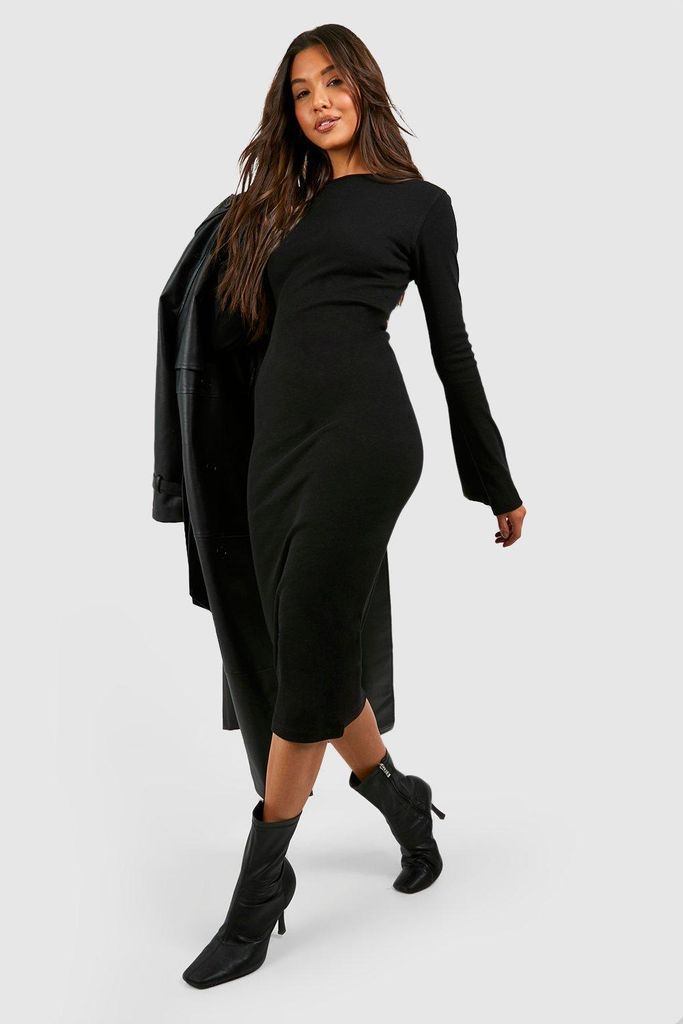 Womens Rib Flare Sleeve Midi Dress - Black - 18, Black