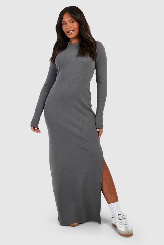Womens Plus Rib Split Maxi Dress - Grey - 28, Grey