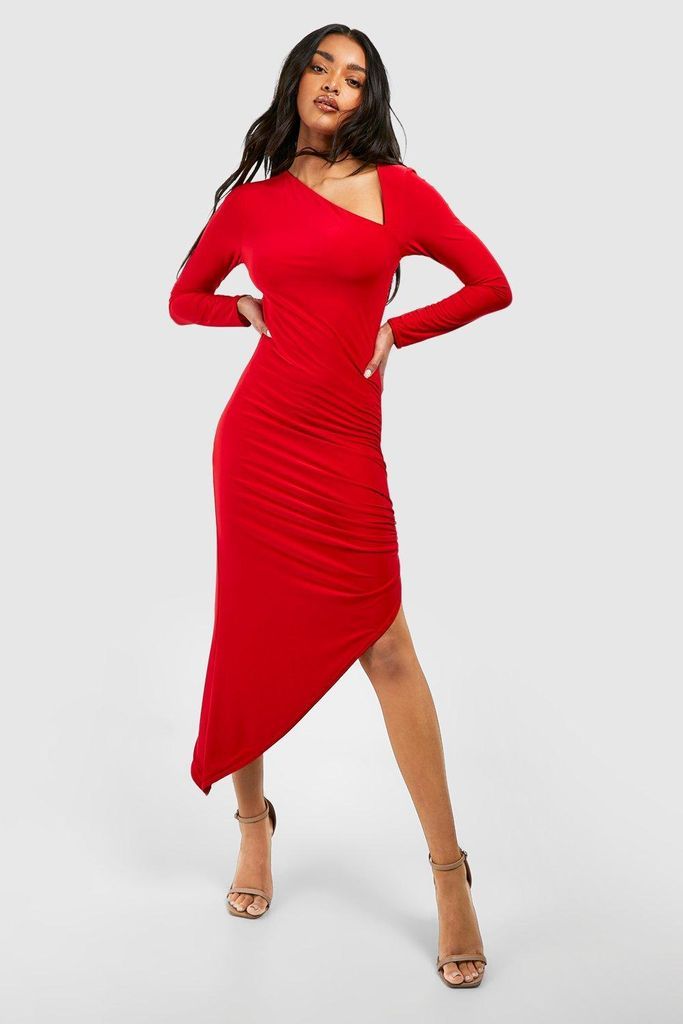 Womens Double Slinky Rouched Asymmetric Midaxi Dress - Red - 8, Red