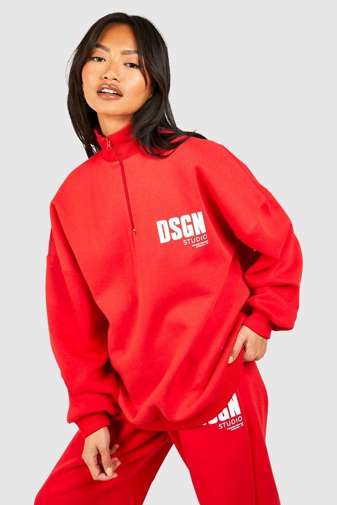Womens Dsgn Studio Text Print Slogan Half Zip Oversized Sweatshirt - Red - S, Red