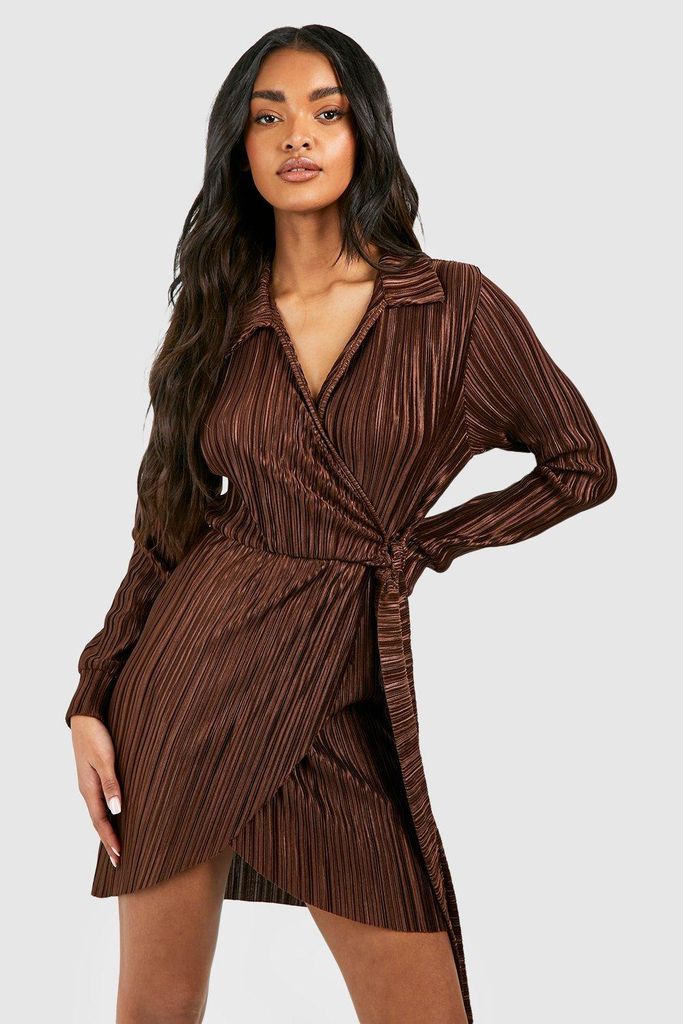 Womens Plisse Wrap Shirt Dress - Brown - 8, Brown