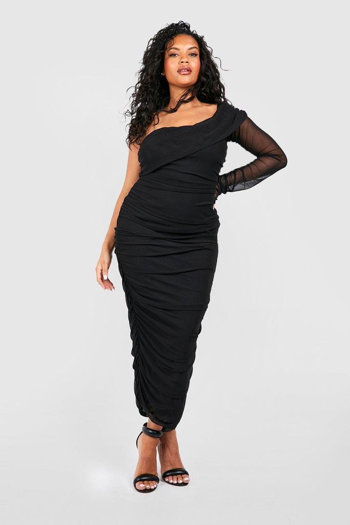 Womens Plus Mesh One Shoulder Ruched Midi Dress - Black - 16, Black