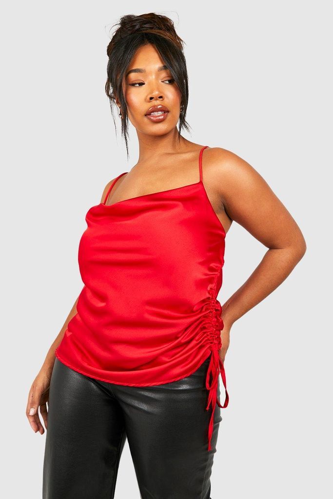 Womens Plus Satin Cowl Ruched Side Cami Top - Red - 16, Red