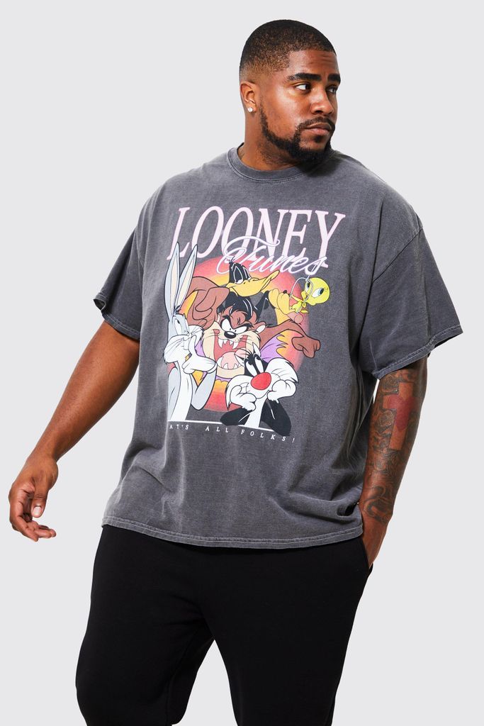Men's Plus Acid Wash Looney Tunes License T-Shirt - Grey - Xxxl, Grey
