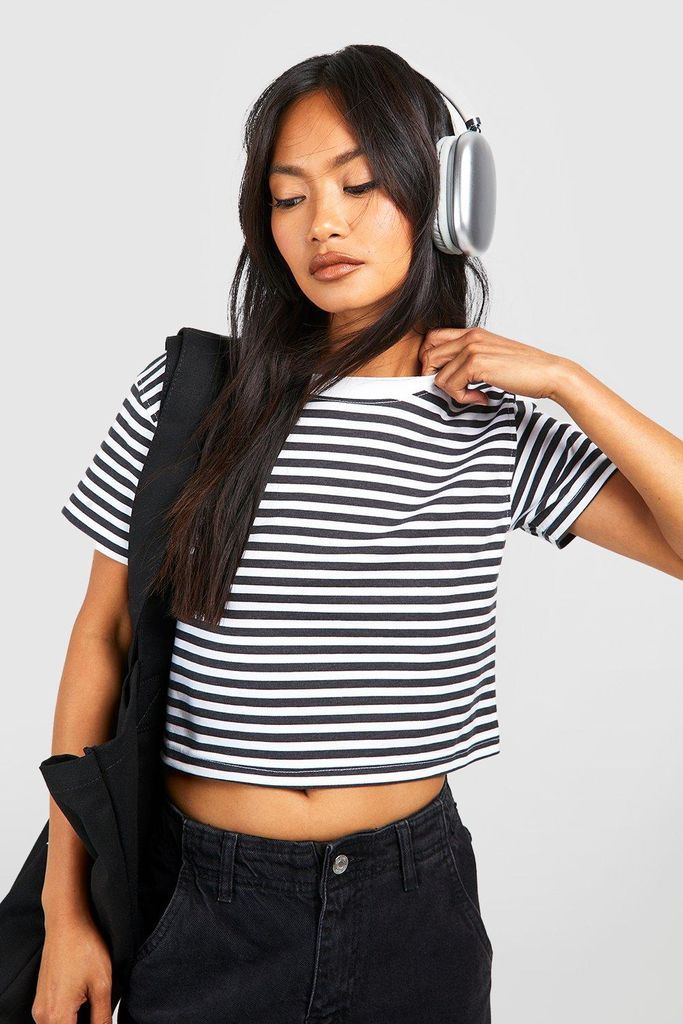 Womens Boxy Stripe Cropped T-Shirt - Black - 10, Black