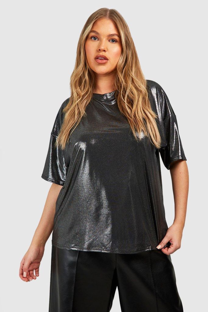 Womens Plus Metallic Oversized T-Shirt - Grey - 18, Grey