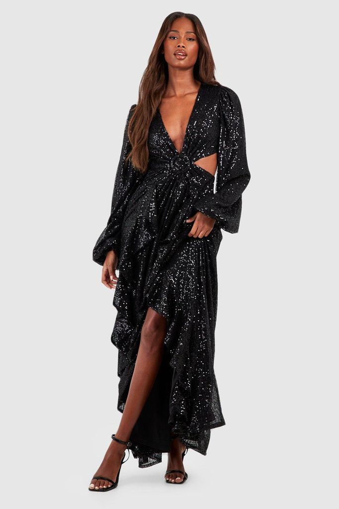 Womens Sequin Ruffle Ring Detail Maxi Dress - Black - 8, Black