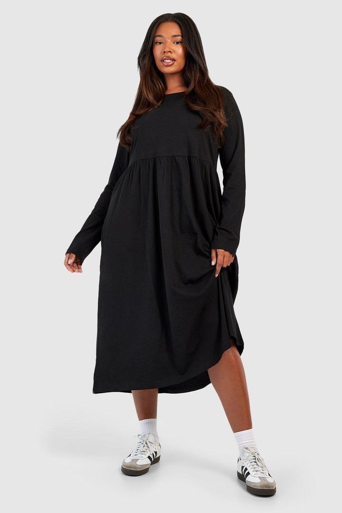 Womens Plus Cotton Long Sleeve Smock Midi Dress - Black - 22, Black