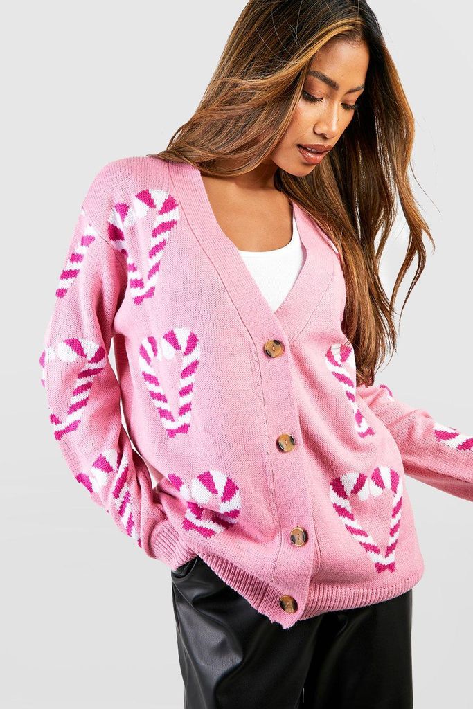 Womens Candy Cane Hearts Christmas Cardigan - Pink - S, Pink