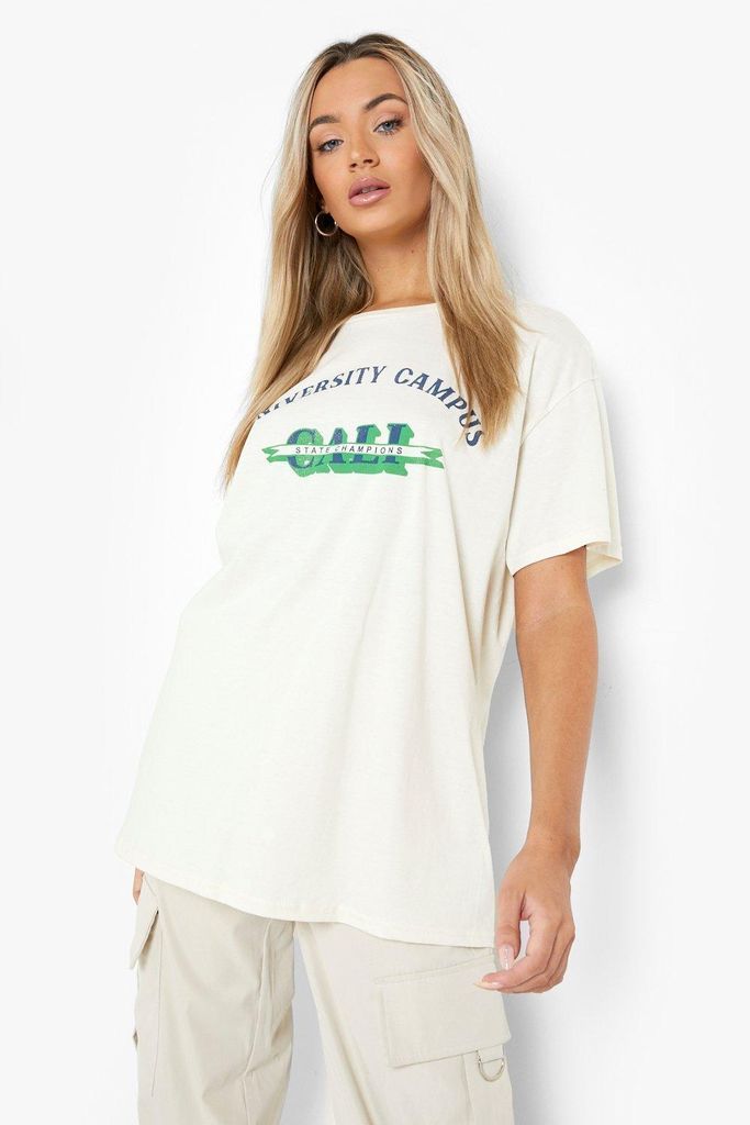 Womens Campus Printed Washed Oversized T-Shirt - Beige - L, Beige