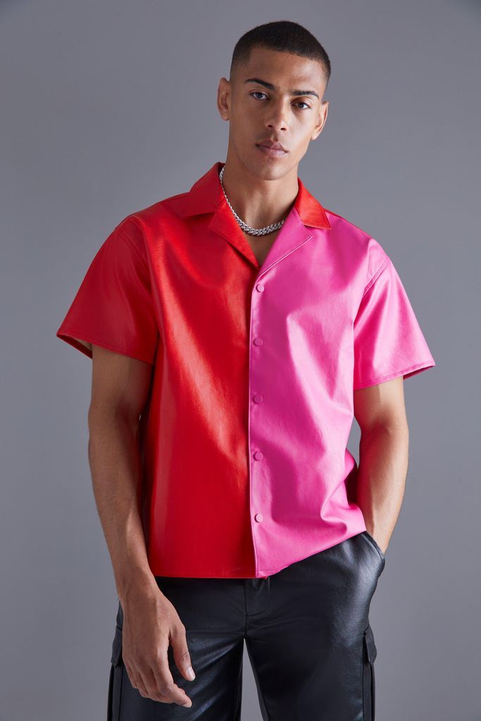 Men's Pu Spliced Boxy Shirt - Red - L, Red