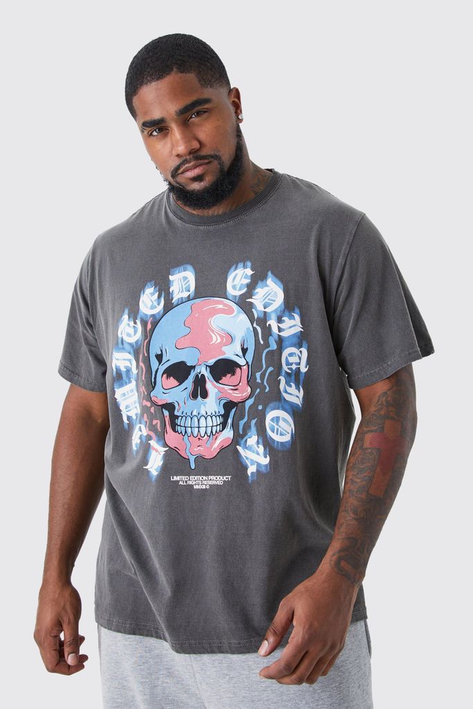 Men's Plus Overdyed Drip Skull Gothic T-Shirt - Grey - Xxxl, Grey