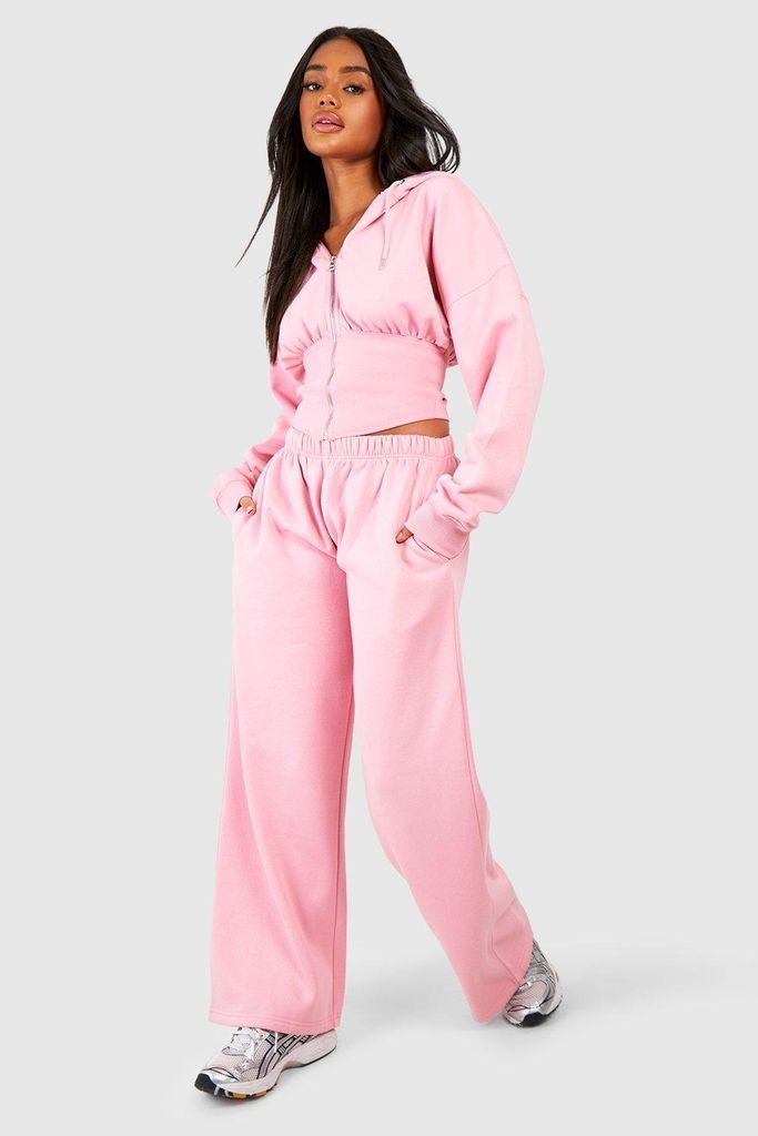 Womens Corset Zip Hoodie And Straight Leg Jogger Tracksuit - Pink - 12, Pink