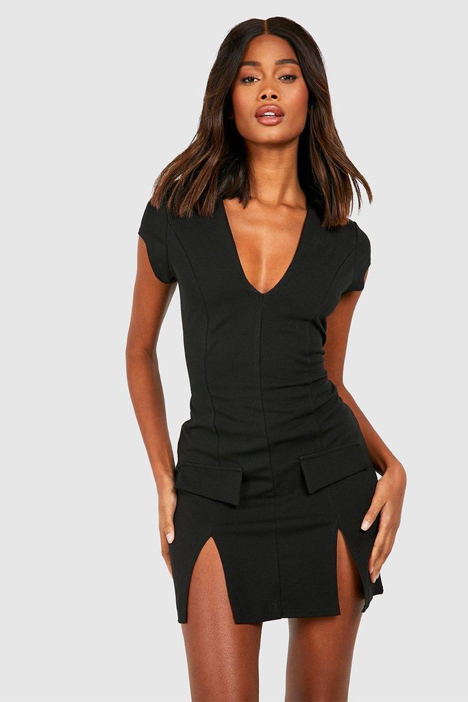 Womens Crepe Plunge Front Pocket Detail Mini Dress - Black - 12, Black