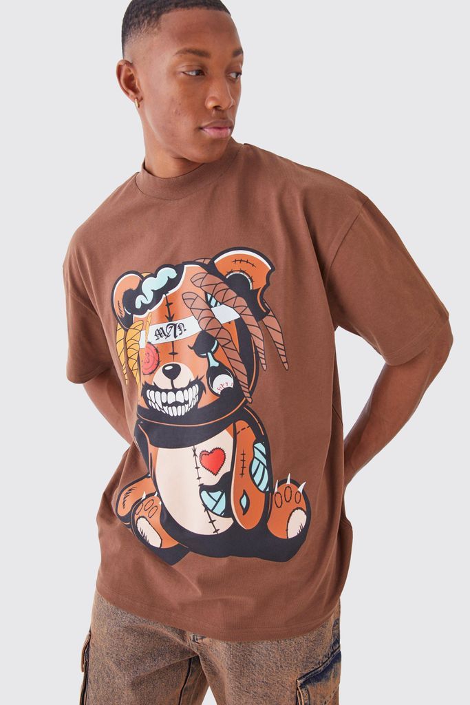 Men's Oversized Angry Teddy Extended Neck T-Shirt - Brown - S, Brown