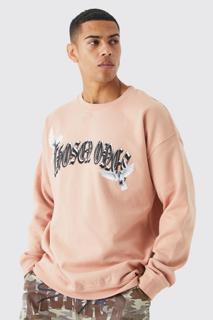 Men's Oversized Bird Print Sweatshirt - Pink - S, Pink