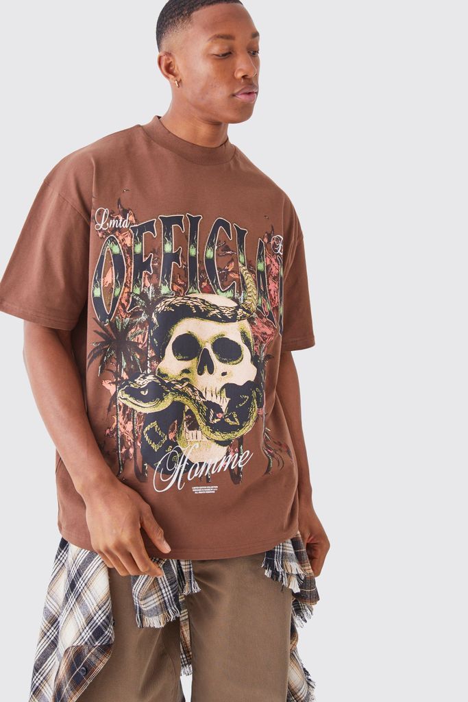 Men's Oversized Official Skull Extend Neck T-Shirt - Brown - S, Brown