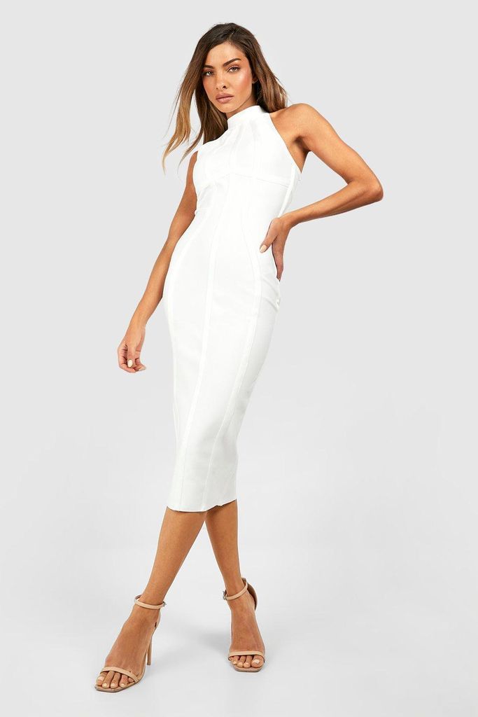 Womens Bandage High Neck Midi Dress - White - 8, White