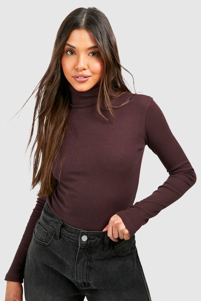 Womens Basic Rib Roll Neck Long Sleeve Top - Brown - 6, Brown