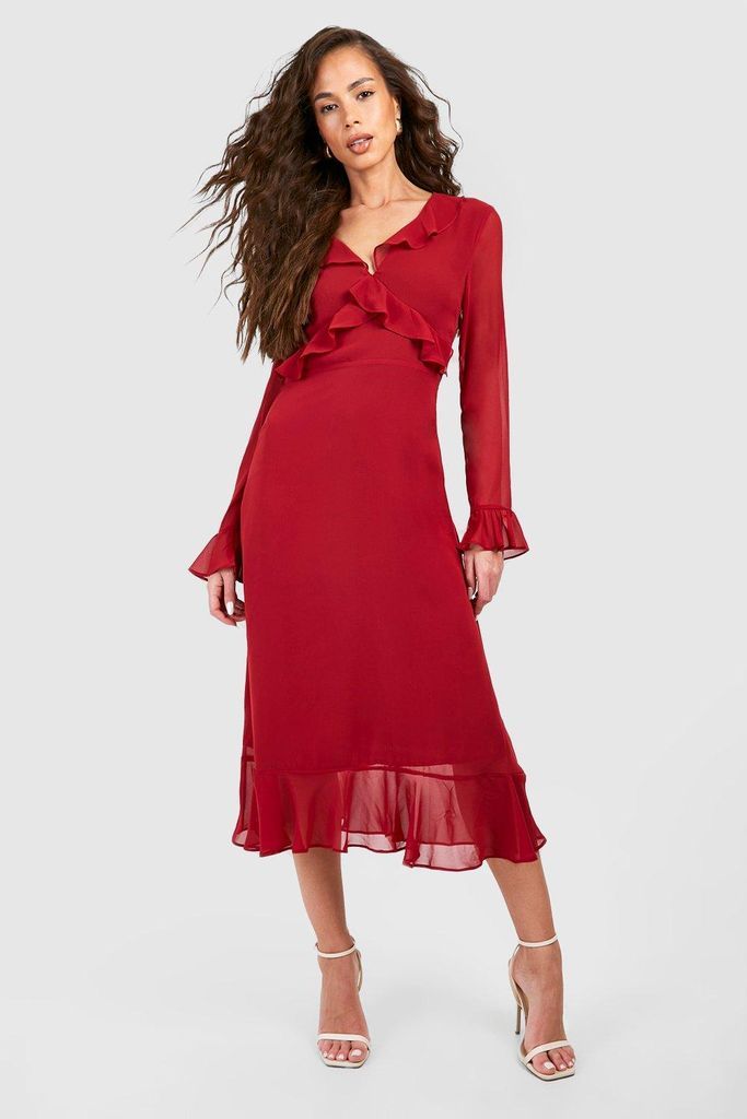 Womens Chiffon Flare Sleeve Midi Dress - Red - 8, Red
