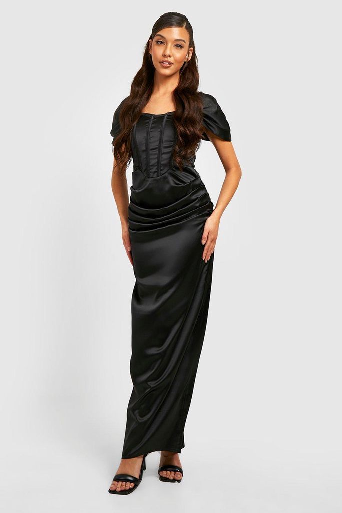 Womens Satin Corset Drape Sleeve Maxi Dress - Black - 10, Black