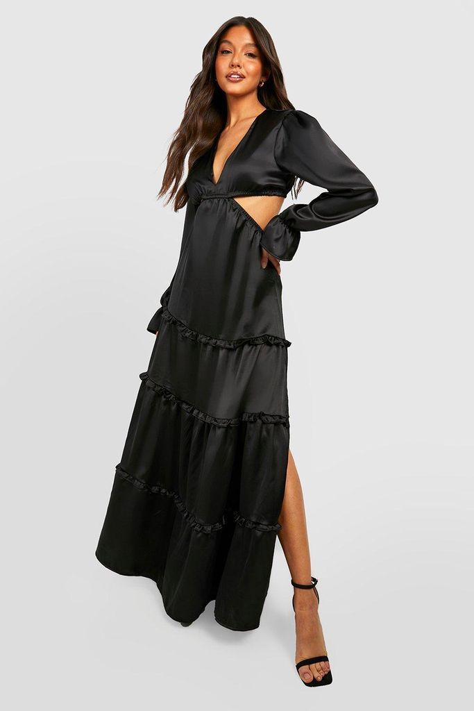Womens Satin Plunge Ruffle Detail Maxi Dress - Black - 14, Black