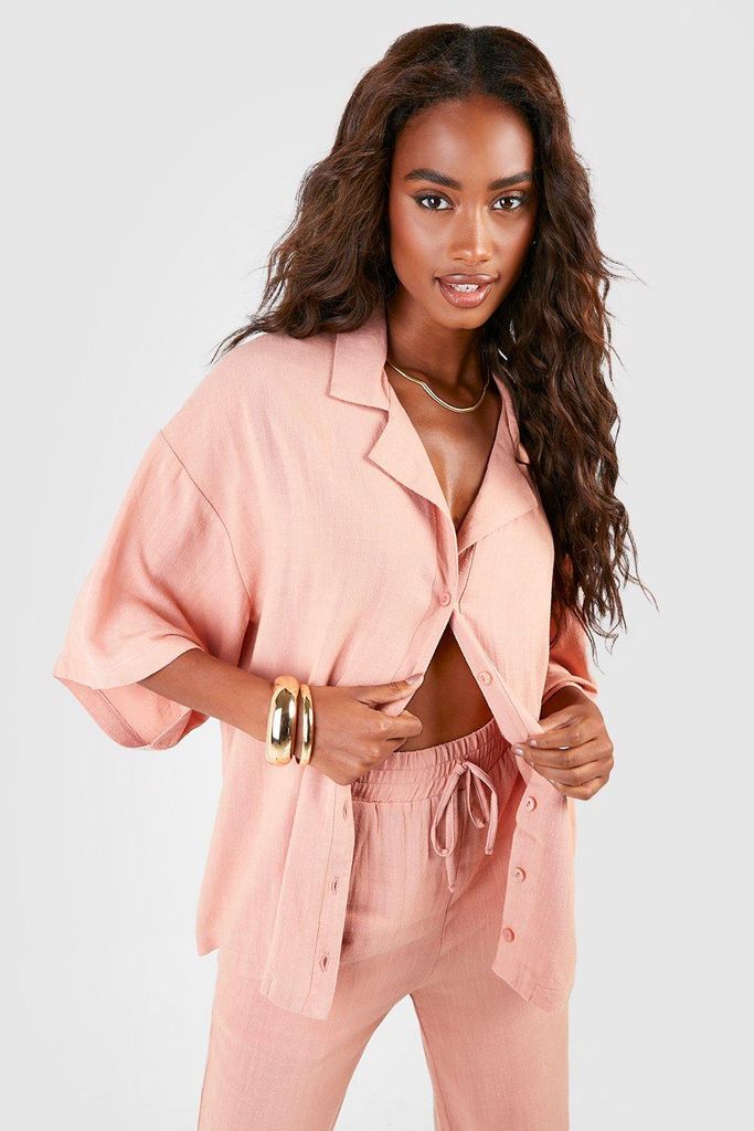 Womens Linen Mix Relaxed Fit Short Sleeved Shirt - Pink - 16, Pink