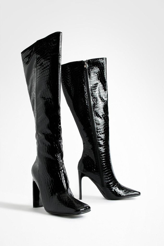 Womens Flat Heel Metallic Croc Knee High Boots - Black - 7, Black