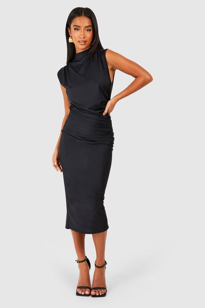 Womens Petite Premium Matte Slinky Draped Midi Dress - Black - 14, Black