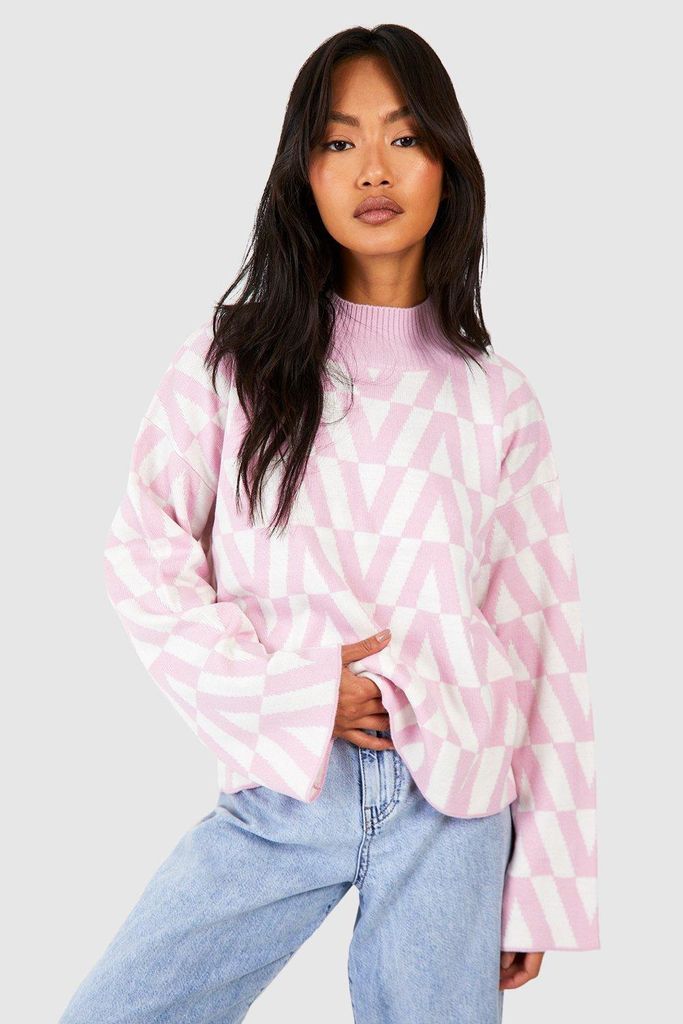 Womens Geo Print High Neck Knitted Jumper - Pink - Xl, Pink