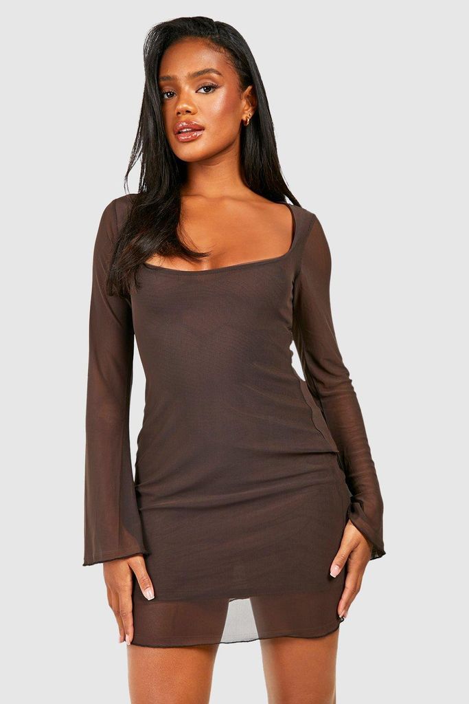 Womens Mesh Flare Sleeve Mini Dress - Brown - 14, Brown
