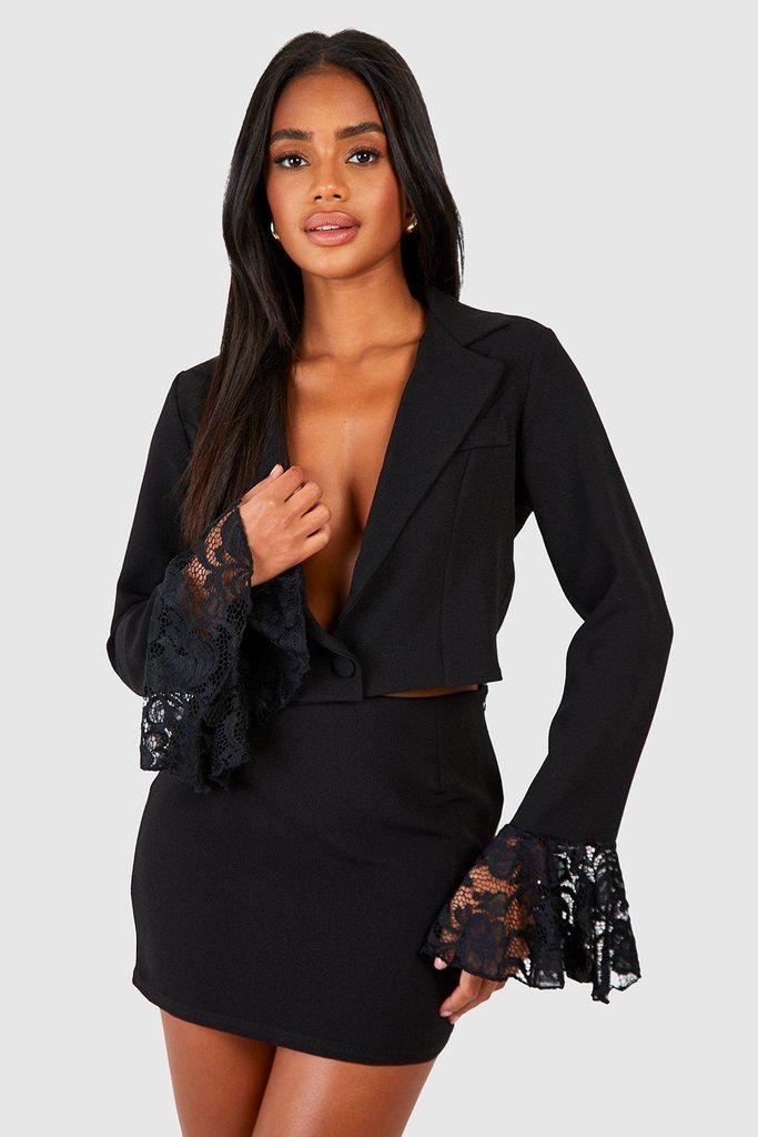 Womens Flared Lace Sleeve Cropped Blazer & Micro Mini Skirt - Black - 12, Black