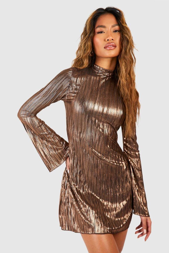 Womens Metallic Plisse Flare Sleeve Shift Dress - Gold - 18, Gold