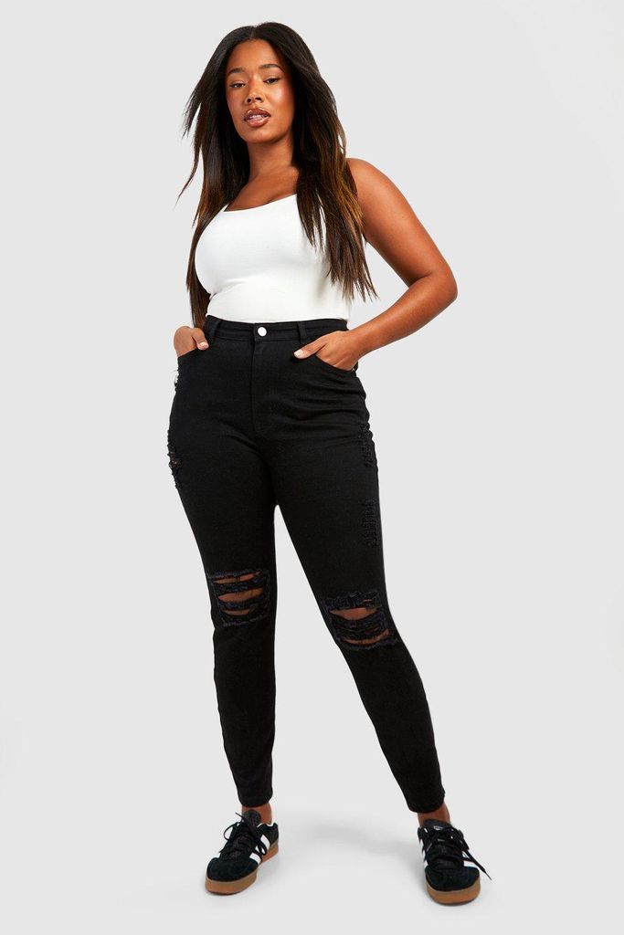 Womens Plus Rip Knee Distressed High Waisted Skinny Jeans - Black - 22, Black