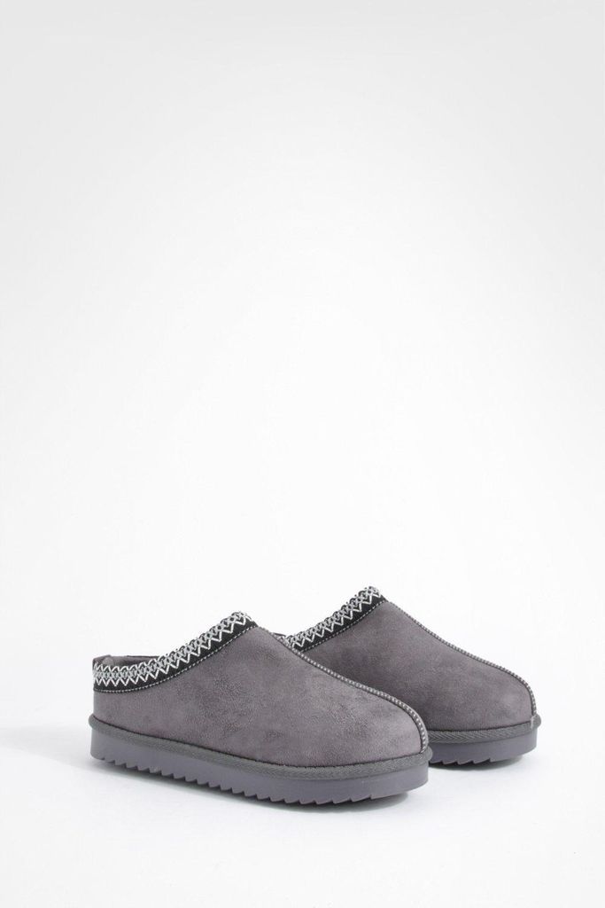 Womens Embroidered Slip On Cosy Mules - Grey - 3, Grey