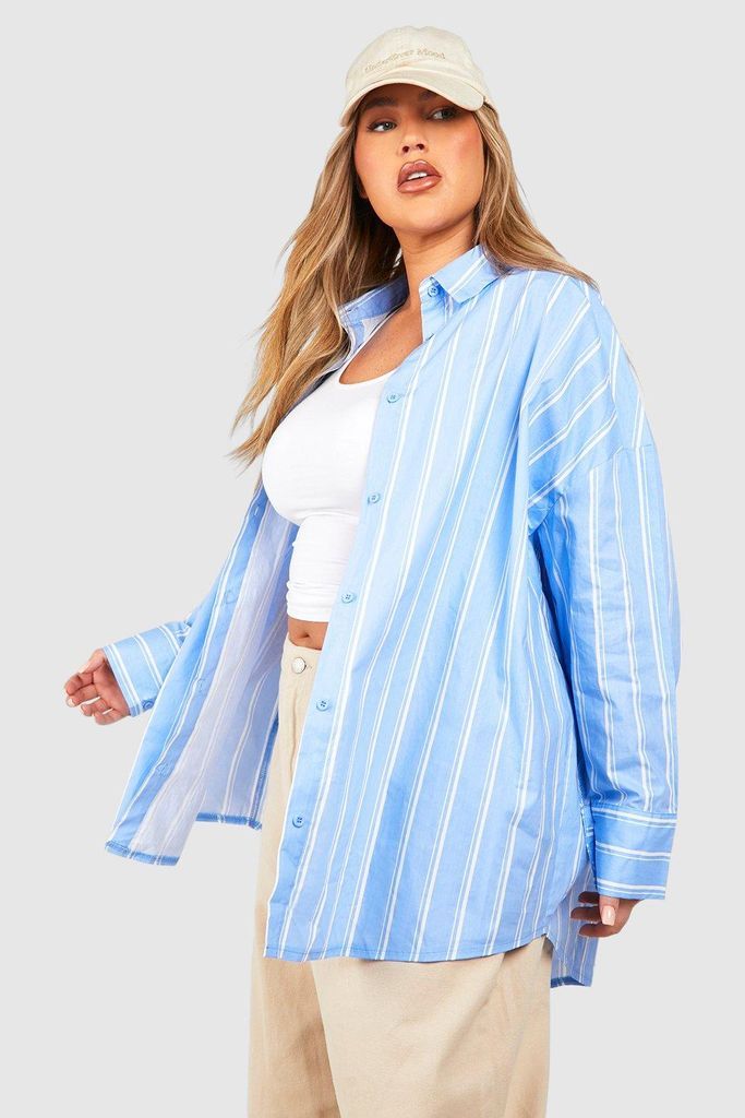 Womens Plus Oversized Striped Cotton Poplin Shirt - Blue - 16, Blue
