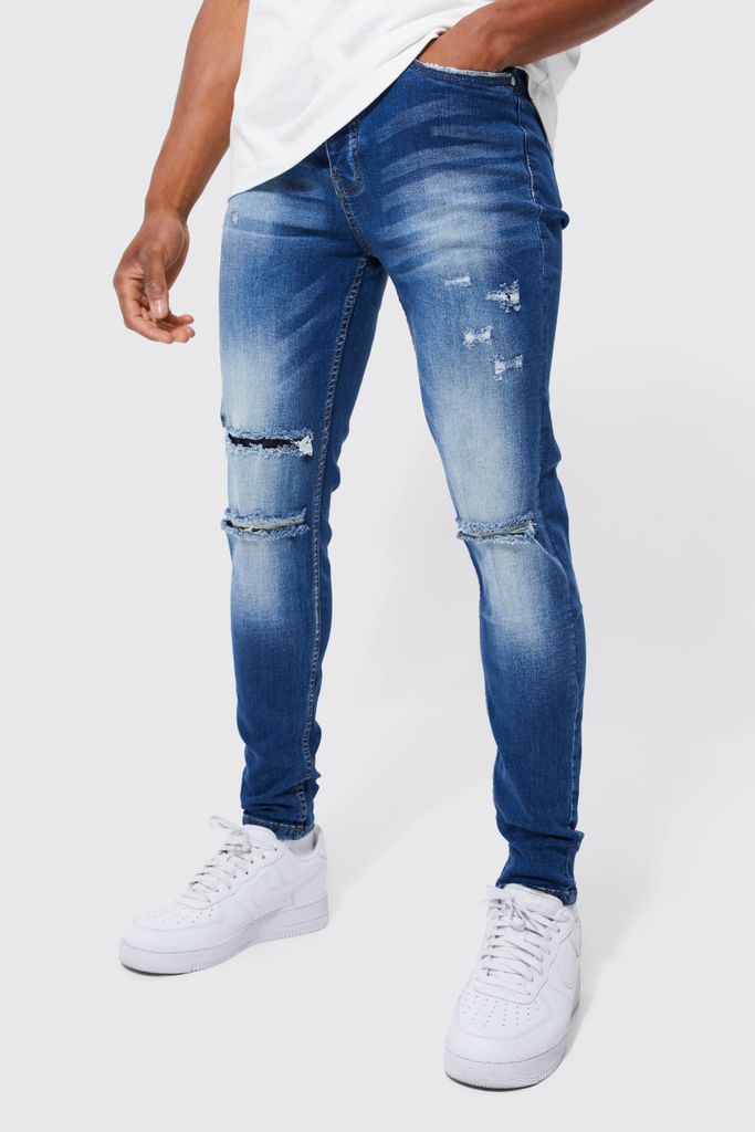 Men's Skinny Stretch Distressed Ripped Jeans - Blue - 34R, Blue