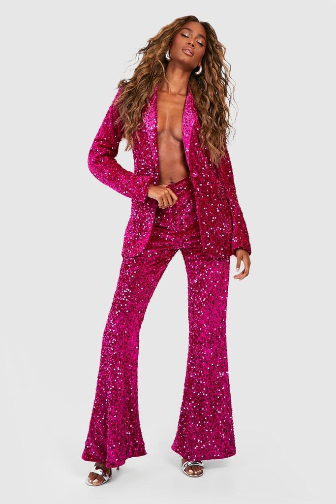 Womens Velvet Sequin Fit & Flare Tailored Trousers - Pink - 16, Pink