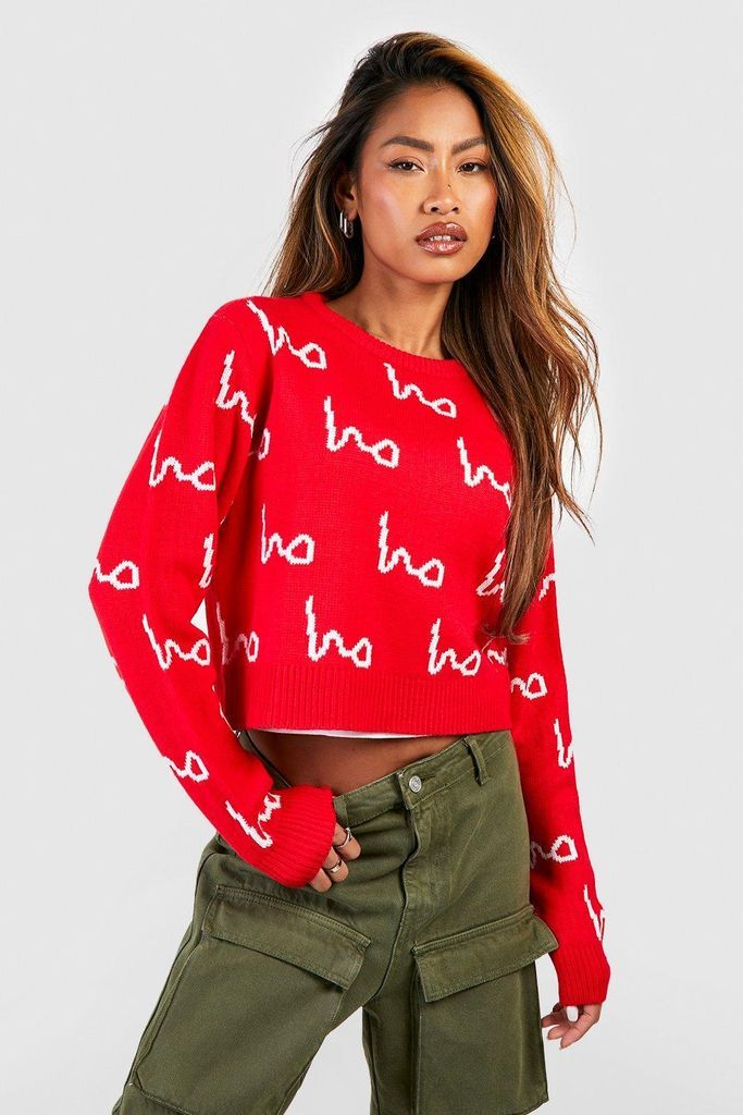 Womens Ho Ho Ho All Over Print Crop Christmas Jumper - Red - S, Red